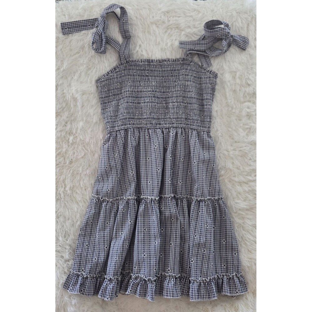 HYFVE Womens Large Navy White Gingham Smocked Tie Strap Tiered Mini Dress